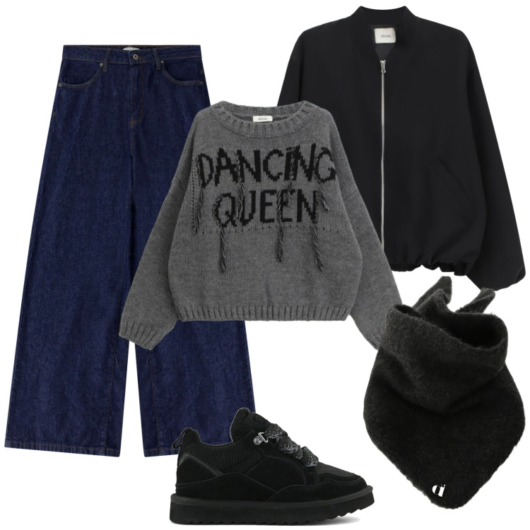 Outfit donna - Dancing Queen. Stile Casual per Tutti i giorni. Abbinamento con maglieria, bomber, jeans, foulard, sneakers alte.