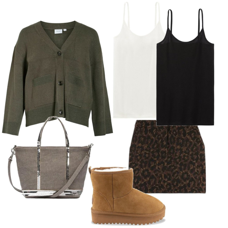 Outfit mujer - Casual #14018. Estilo Casual para Todos los días. Combinación con bolso tote, top, botas, minifaldas, cárdigans.