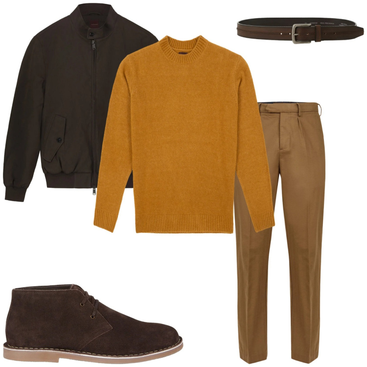 Outfit uomo - Marrone perfetto. Stile Trendy per Tutti i giorni. Abbinamento con cinture, pantaloni, stivali e stivaletti, bomber, maglieria.