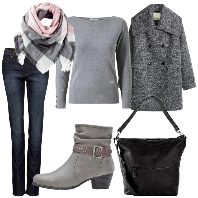 Outfit donna - Contro il freddo. Stile Urban per Tutti i giorni. Abbinamento con cappotti, foulard, jeans mom, stivaletti, borse a spalla, maglieria.