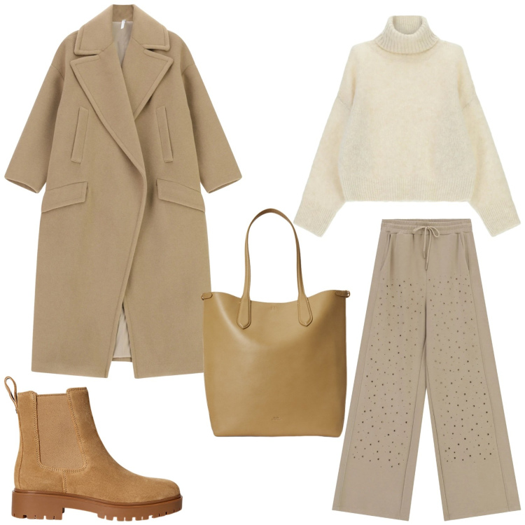 Outfit donna - Toni neutri. Stile Urban per Tutti i giorni. Abbinamento con pantaloni, cappotti, maglieria, borse tote, stivaletti chelsea.