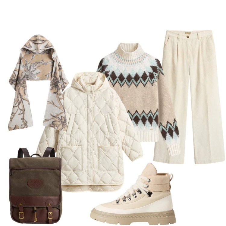 Outfit donna - In montagna. Stile Casual chic per Tutti i giorni. Abbinamento con zaini, maglieria, pantaloni, blazer, sciarpe, anfibi.