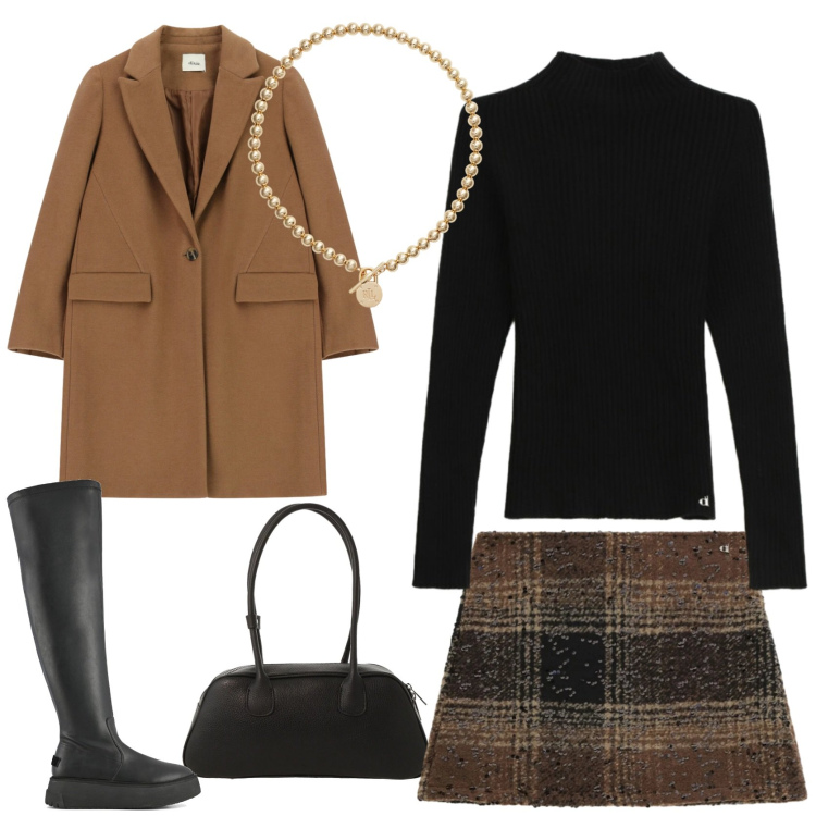 Outfit donna - Tartan mania. Stile Glamour per Tutti i giorni. Abbinamento con collane, minigonne, cappotti, borse a mano, maglieria, stivali sopra il ginocchio.