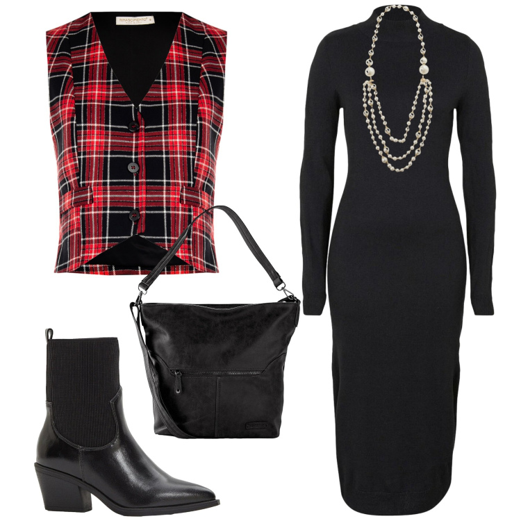 Outfit donna - Total look #2310724. Stile Trendy per Serata fuori. Abbinamento con vestiti, stivaletti texani, borse a spalla, collane, gilet.