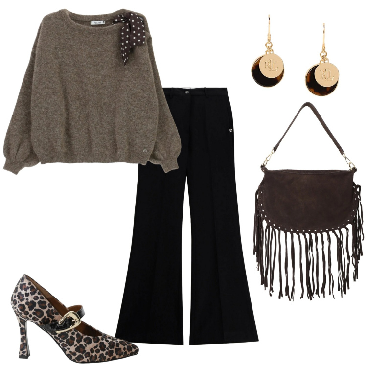 Outfit donna - Quella borsa un po\' così. Stile Casual chic per Ufficio. Abbinamento con décolleté, borse a tracolla, maglieria, pantaloni, orecchini.