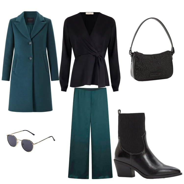 Outfit donna - Aperitivo glam. Stile Casual chic per Serata fuori. Abbinamento con pantaloni a palazzo, stivaletti texani, occhiali da sole, borse a mano, bluse, cappotti.