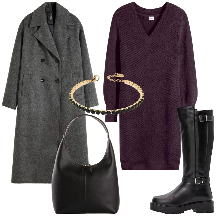 Outfit donna - Total look #2310727. Stile Minimal per Ufficio. Abbinamento con vestiti, stivali, shopping bag, cappotti, braccialetti.