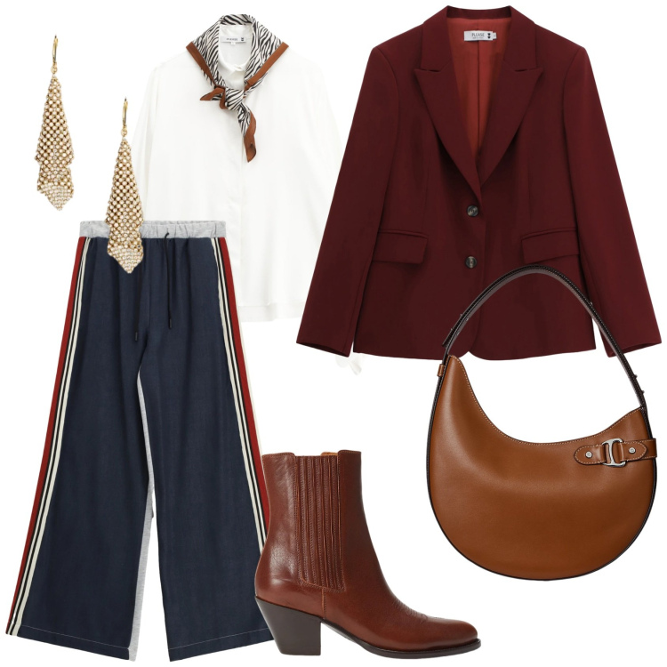 Outfit donna - Total look #2310728. Stile Chic per Ufficio. Abbinamento con blazer, pantaloni, camicie, borse a spalla, orecchini, stivaletti texani.