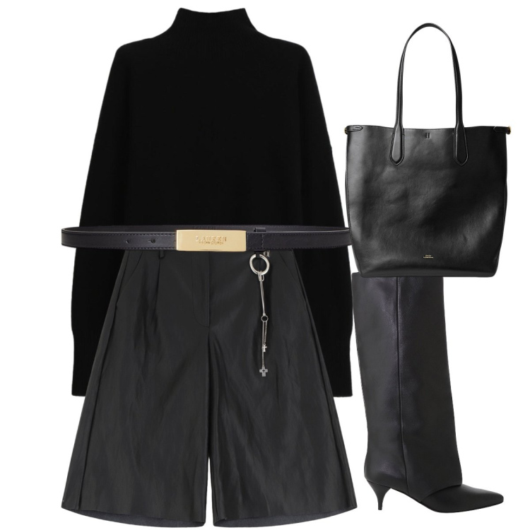 Outfit donna - Total black Dixie. Stile Minimal per Serata fuori. Abbinamento con cinture, borse tote, bermuda, stivali, maglieria.