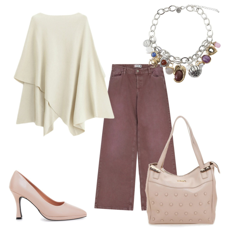 Outfit donna - Total look #2310731. Stile Casual chic per Serata fuori. Abbinamento con pantaloni a palazzo, maglieria, braccialetti con ciondoli, décolleté, shopping bag.