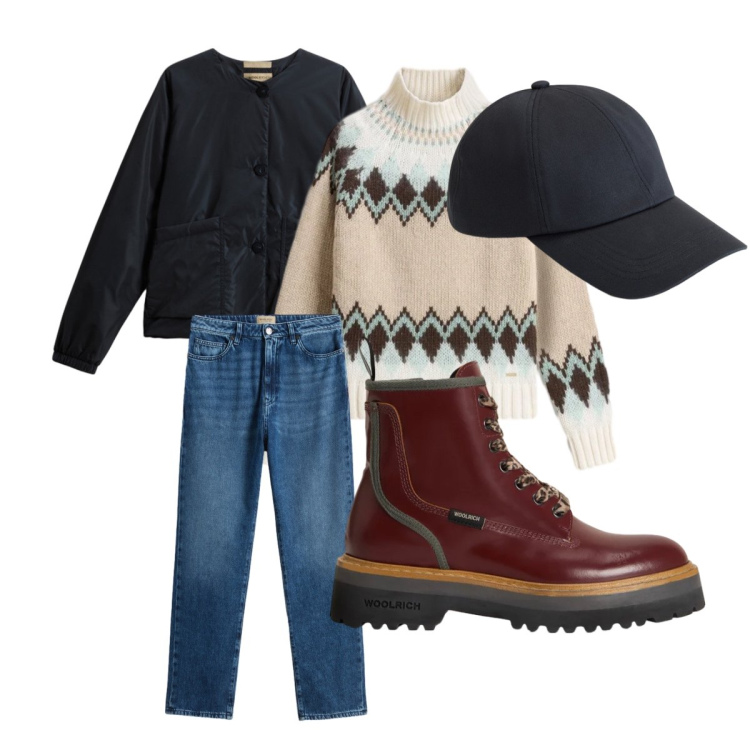 Outfit donna - Saldi Invernali Woolrich. Stile Urban per Tutti i giorni. Abbinamento con jeans, cappelli, anfibi, maglieria, blazer.