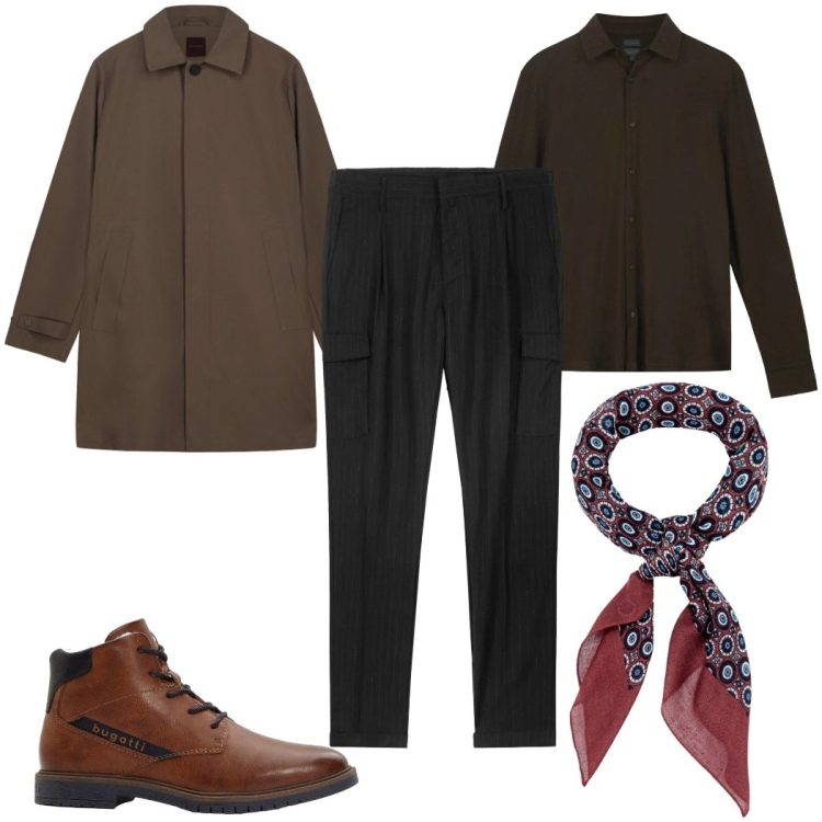 Outfit uomo - Total look #2310734. Stile Casual per Tutti i giorni. Abbinamento con anfibi, pantaloni cargo, sciarpe e foulard, polo, trench.