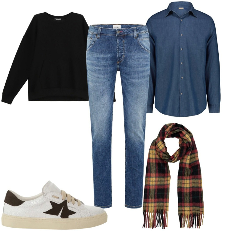 Outfit uomo - Total look #2310739. Stile Trendy per Tutti i giorni. Abbinamento con jeans dritti, felpe, sneakers, camicie, sciarpe.