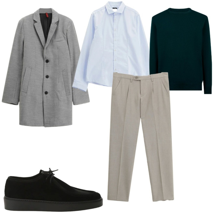 Outfit uomo - Total look #2310742. Stile Casual per Ufficio. Abbinamento con pantaloni, camicie, cappotti, scarpe stringate, maglieria.