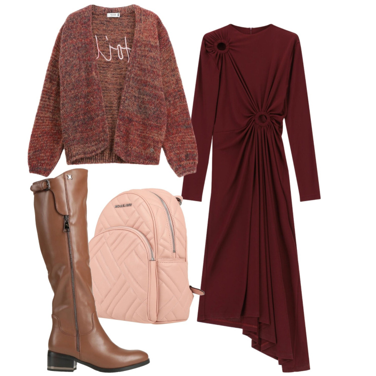 Outfit donna - Ruggine e bordeaux. Stile Bon Ton per Tutti i giorni. Abbinamento con zaini, stivali, cardigans, vestiti lunghi.