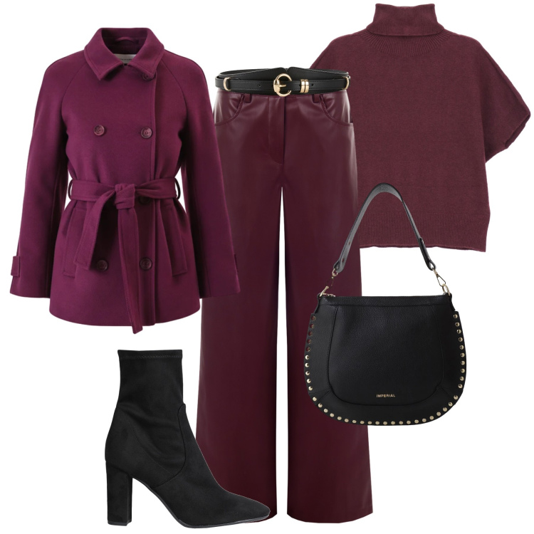 Outfit donna - Bordeaux al lavoro. Stile Casual chic per Ufficio. Abbinamento con cinture, stivaletti, pantaloni, caban, maglieria, borse a spalla.