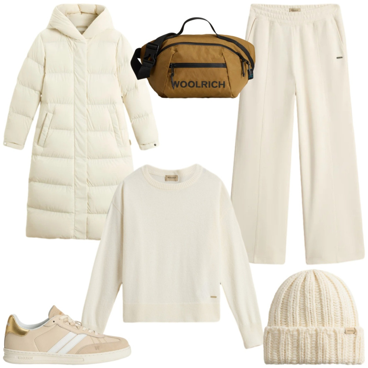 Outfit donna - Holiday. Stile Sporty chic per Tutti i giorni. Abbinamento con borse a tracolla, pantaloni, sneakers, berretti, maglieria, piumini.