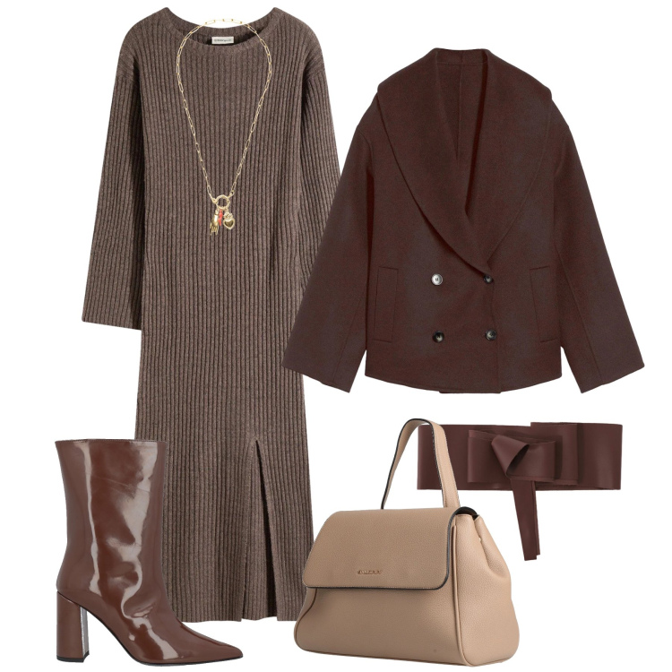 Outfit donna - L’abito in maglia. Stile Glamour per Tutti i giorni. Abbinamento con vestiti, caban, zaini, stivaletti, cinture, ciondoli.