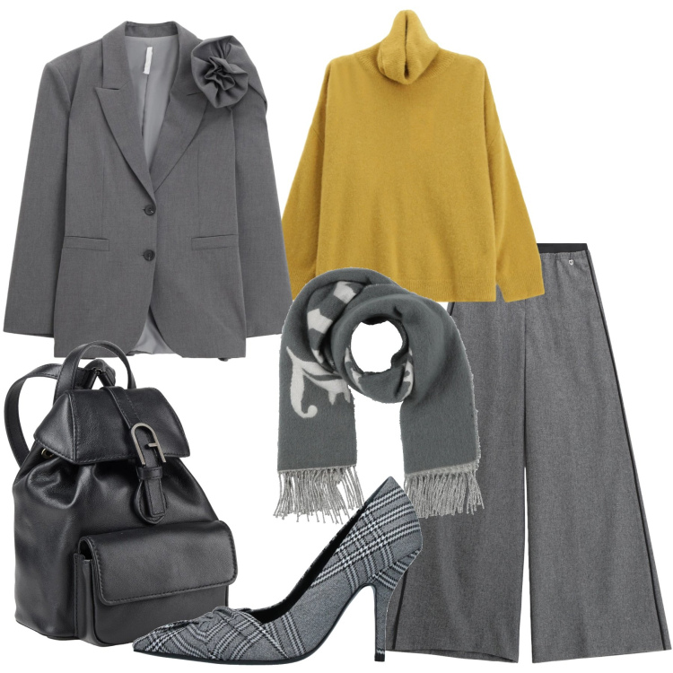 Outfit donna - Si torna in ufficio. Stile Trendy per Ufficio. Abbinamento con décolleté, zaini, sciarpe, blazer, pantaloni, maglieria.