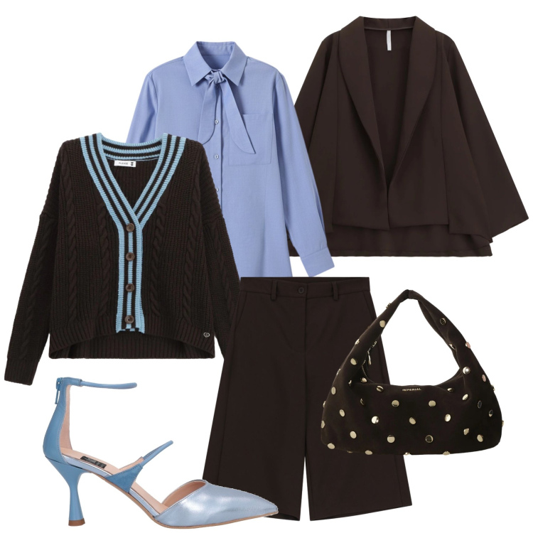 Outfit donna - Azzurro e marrone !. Stile Casual chic per Serata fuori. Abbinamento con décolleté, cardigans, bermuda, blazer, borse a spalla, camicie.