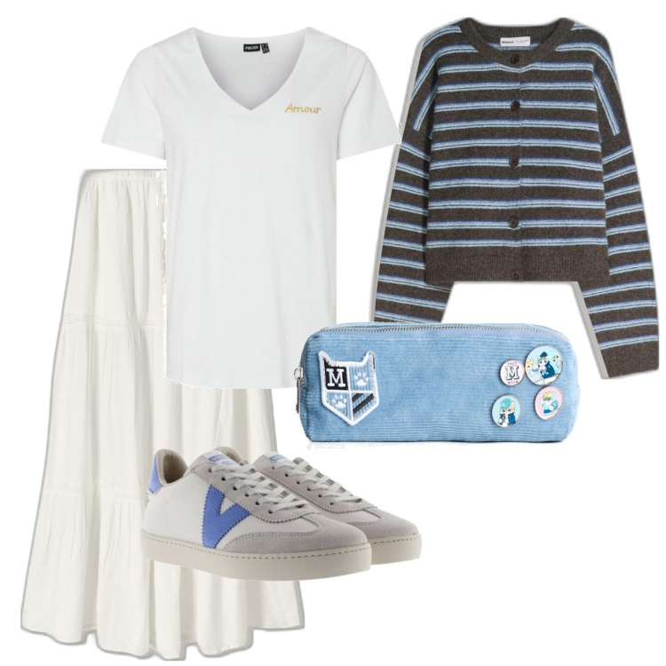Outfit mujer - Casual look. Estilo Casual para Todos los días. Combinación con sneakers, camiseta, falda longuette, maletas, cárdigans.