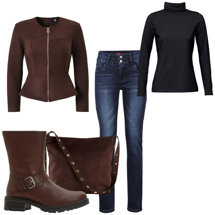 Outfit donna - Total look #2310790. Stile Casual per Tutti i giorni. Abbinamento con maglieria, jeans, shopping bag, stivali, giacche.