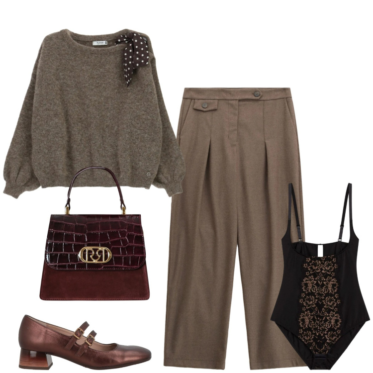 Outfit donna - Total look #2310795. Stile Vintage retrò per Tutti i giorni. Abbinamento con body, décolleté, pantaloni, maglieria, borse a mano.
