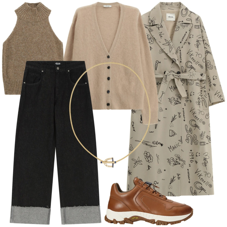 Outfit donna - Cardigan con i bottoni. Stile Casual chic per Tutti i giorni. Abbinamento con ciondoli, sneakers, cappotti, jeans, top, cardigans.