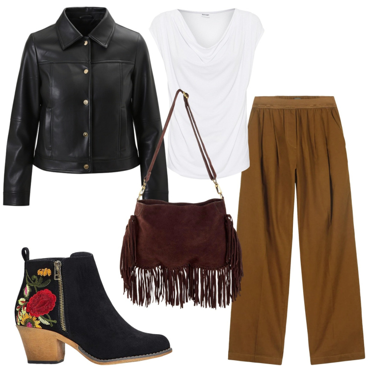 Outfit donna - Total look #2310802. Stile Etnico per Tutti i giorni. Abbinamento con stivaletti, borse a tracolla, maglieria, giacche, pantaloni.