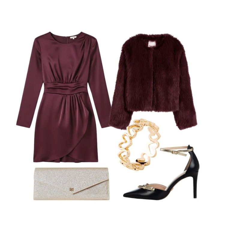 Outfit donna - Total look #2310803. Abbinamento con anelli, ecopellicce, décolleté, pochette, vestiti corti.