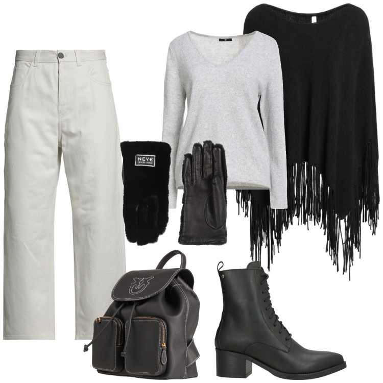 Outfit donna - Grigio e Nero. Stile Casual chic per Tutti i giorni. Abbinamento con stivaletti, pullovers, cappotti, pantaloni, zaini, guanti.