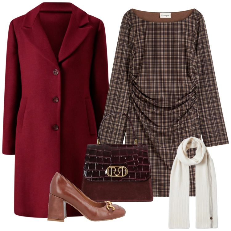 Outfit donna - Drappeggio. Stile Bon Ton per Ufficio. Abbinamento con vestiti, décolleté, cappotti, borse a mano, sciarpe.