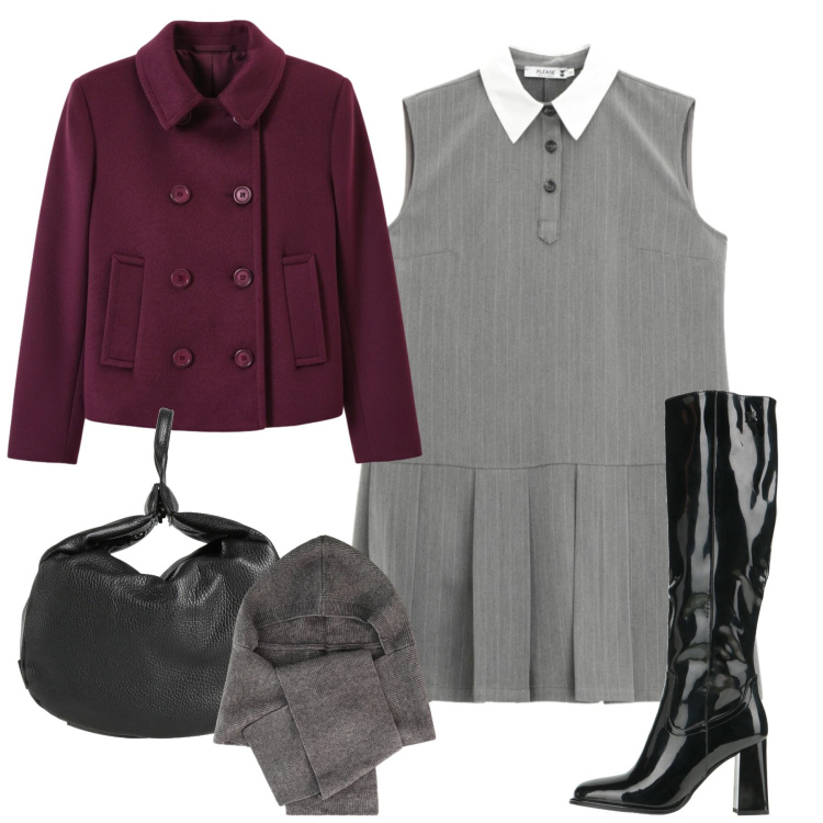 Outfit donna - Preppy con stile. Stile Preppy per Ufficio. Abbinamento con stivali, zaini, vestiti corti, sciarpe, caban.