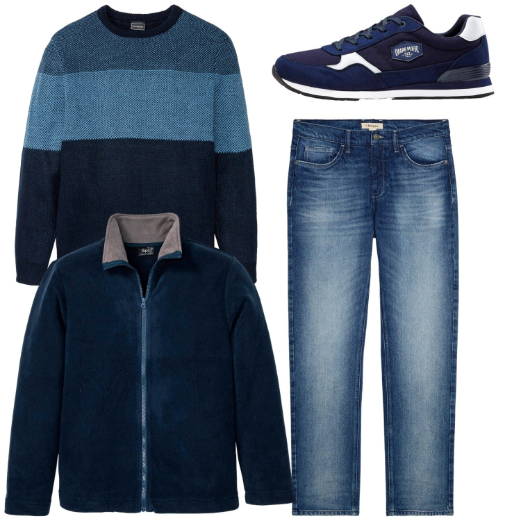 Outfit uomo - Tutto in blu. Stile Casual per Tutti i giorni. Abbinamento con maglieria, jeans dritti, sneakers, giacche.