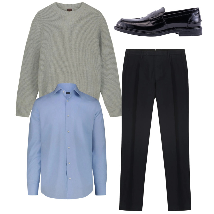Outfit uomo - Total look. Stile Casual per Ufficio. Abbinamento con pantaloni, maglieria, camicie, scarpe stringate.