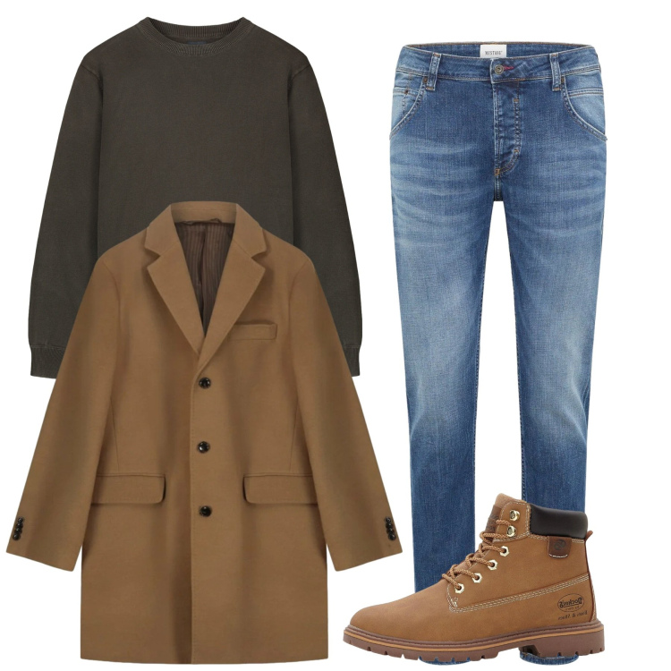 Outfit uomo - Camel. Stile Casual per Tutti i giorni. Abbinamento con jeans dritti, stivali e stivaletti, maglieria, cappotti.