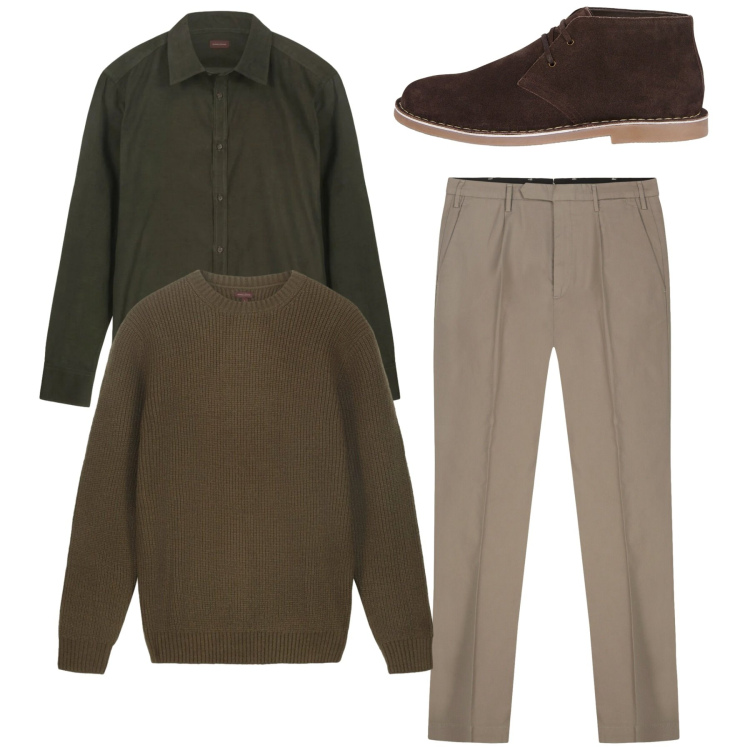 Outfit uomo - Tonalità legno. Stile Casual per Tutti i giorni. Abbinamento con stivali e stivaletti, pantaloni, maglieria, camicie.