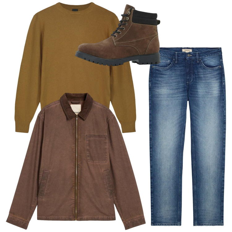 Outfit uomo - Casual boho. Stile Casual per Tutti i giorni. Abbinamento con giacche, jeans dritti, stivali e stivaletti, maglieria.