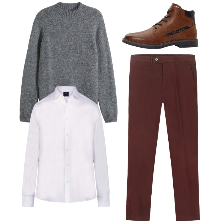 Outfit uomo - Total look. Stile Casual per Tutti i giorni. Abbinamento con anfibi, maglieria, camicie, pantaloni chino.