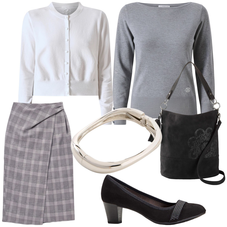 Outfit donna - Grigio perla per tutti i giorni. Stile Basic per Tutti i giorni. Abbinamento con décolleté, borse a mano, braccialetti, cardigans, gonne longuette, maglieria.