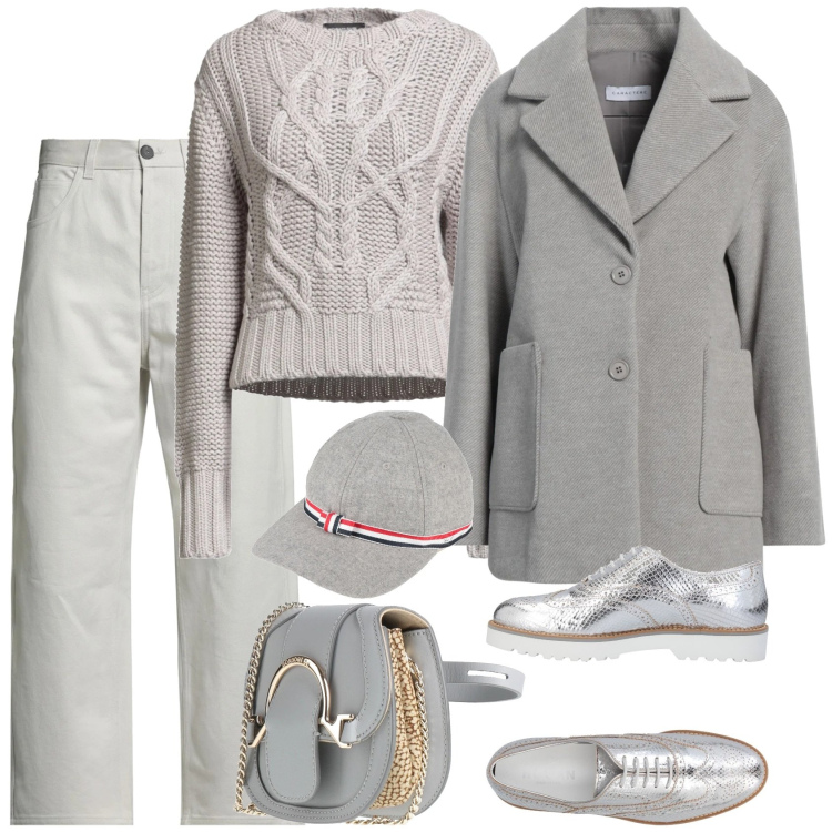 Outfit donna - Soft grey. Stile Casual per Scuola/Università. Abbinamento con scarpe stringate, pullovers, cappotti, pantaloni, marsupi, cappelli con visiera.