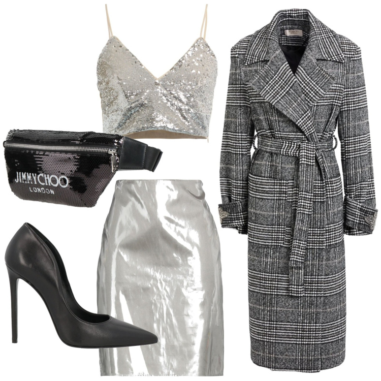 Outfit donna - Notte spumeggiante. Stile Chic per Serata fuori. Abbinamento con minigonne, top, cappotti, décolleté, marsupi.