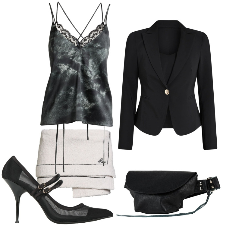 Outfit donna - Rigorosamente fashion. Stile Basic per Serata fuori. Abbinamento con décolleté, marsupi, minigonne, top, blazer.