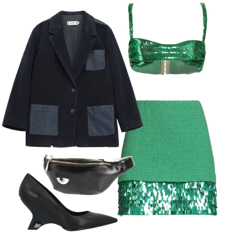 Outfit donna - Verde speranza. Stile Glamour per Serata fuori. Abbinamento con décolleté, minigonne, top, marsupi, blazer.