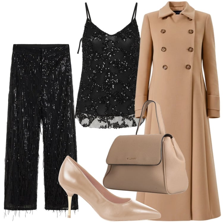 Outfit donna - Nero metallizzato. Stile Chic per Serata fuori. Abbinamento con pantaloni, zaini, cappotti, canottiere, décolleté.