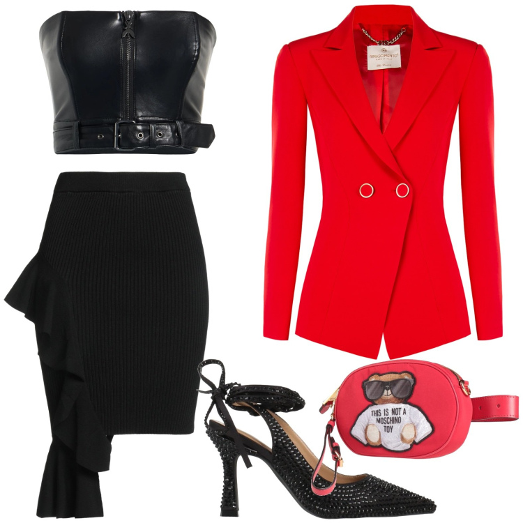 Outfit donna - Opzione blazer rosso. Stile Chic per Serata fuori. Abbinamento con décolleté, minigonne, marsupi, top, blazer.