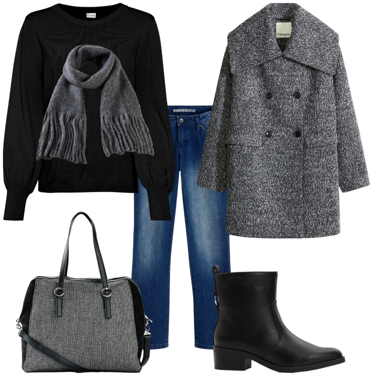 Outfit donna - In giro con le amiche. Stile Casual per Tutti i giorni. Abbinamento con maglieria, stivaletti, jeans bootcut, cappotti, sciarpe, borse a mano.
