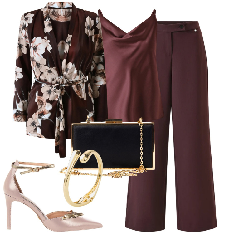 Outfit donna - Serata. Stile Chic per Serata fuori. Abbinamento con braccialetti, pantaloni, cappotti, pochette, décolleté, canottiere.