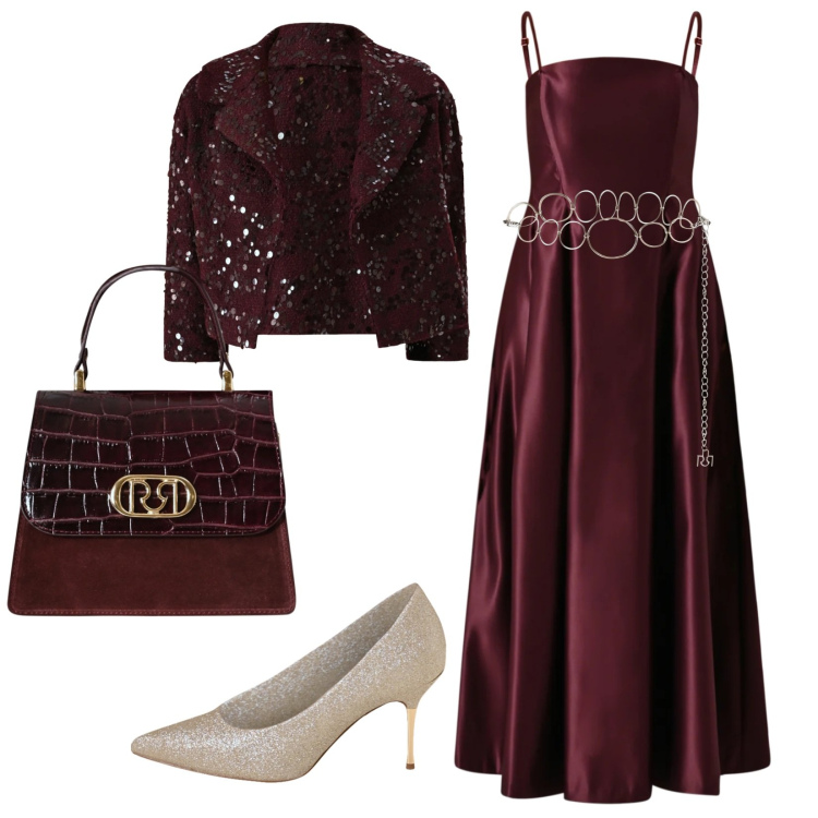 Outfit donna - Cenone elegante. Stile Chic per Serata fuori. Abbinamento con bolero, cinture, borse a mano, décolleté, vestiti lunghi.