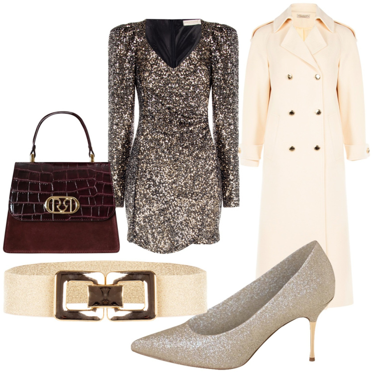 Outfit donna - Total look #2310931. Stile Glamour per Serata fuori. Abbinamento con cinture, borse a mano, décolleté, cappotti, vestiti corti.